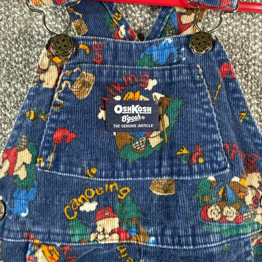 OshKosh B'gosh Vintage Corduroy Overalls Kids 2T Blue Camping Fishing Bear USA